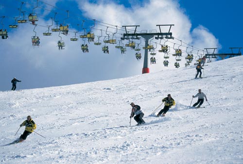 People thrashing snow down the ski slope