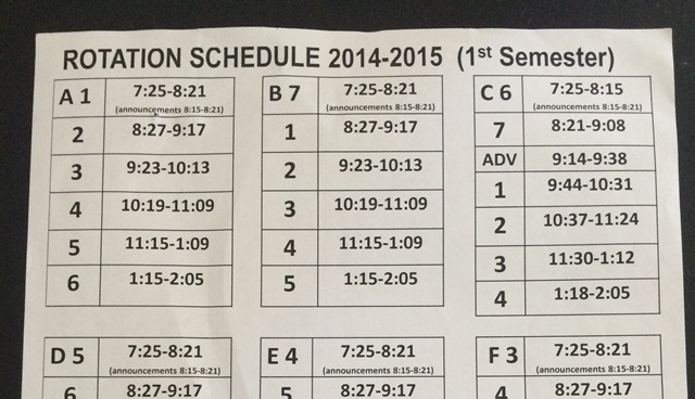 Advisory periods will occur on C days and G days this semester.