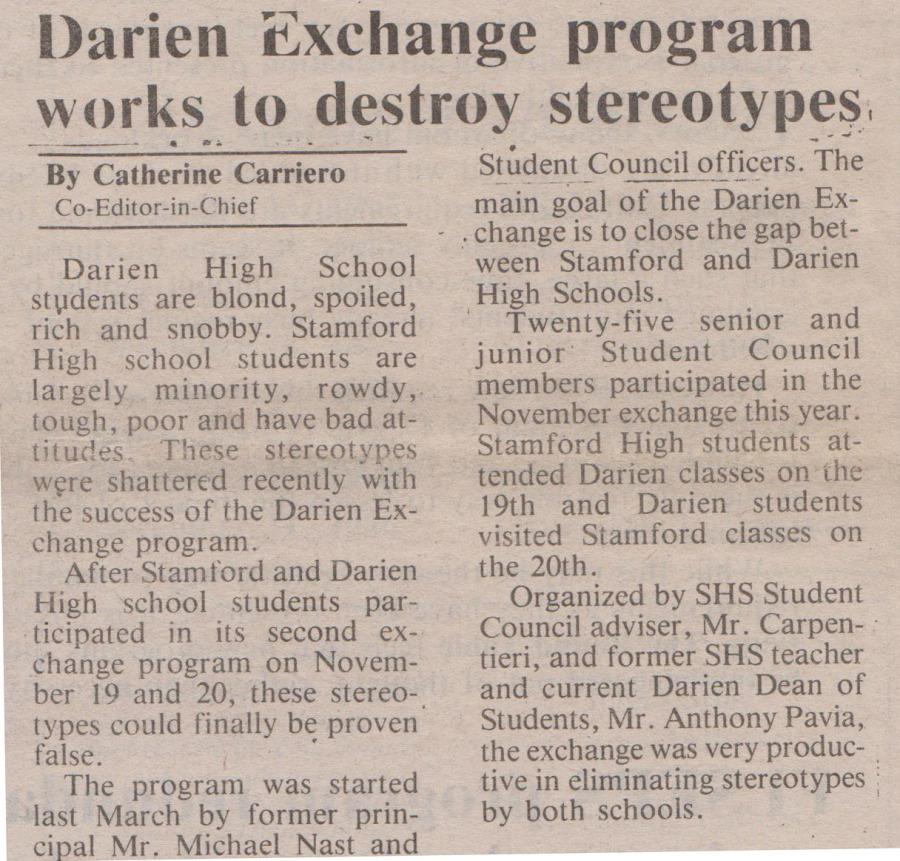 Article (The Round Table - November, 1992) describing the Darien Exchange Program