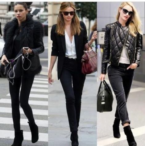 All three models are wearing black comfy jeans with black boots accompanied with some nice purses. Then the two on the left are simply rocking the look with the glasses.