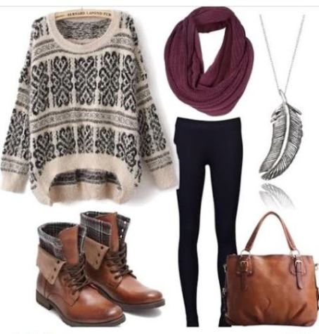 This is a warm long sleeve designed shirt with black leggings. A maroon scarf and a medium brown bag with combat boots. 