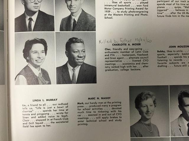 Charlotte Moser (left) in the Media Centers copy of the 1960 yearbook which bears a handwritten record of her brutal death. Marian Moser is not pictured in her yearbook. 