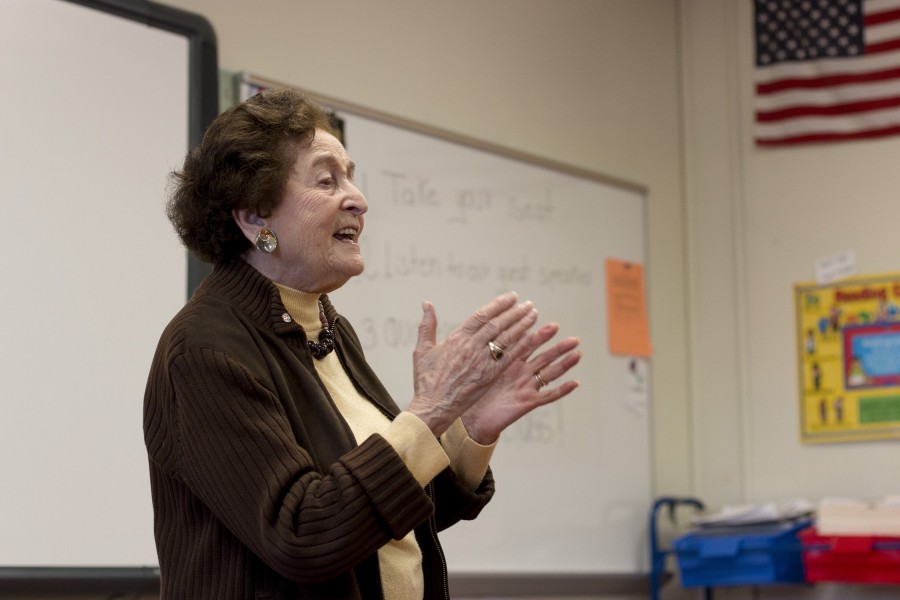 Holocaust Survivor Judith Altman addresses an SHS English classroom on May 6.