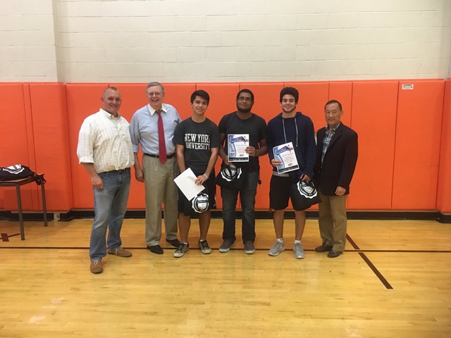 Principal Raymond Manka  (far left), Mayor Martin (second from left) and Superintendent Earl Kim (far right) pose with SHS Hackers. Hackers from left to right: Malcolm Tom, Ismael De Los Santos, Mike Rozinsky.