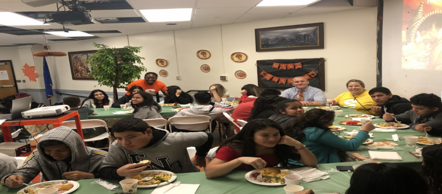 Stamford High School students enjoy dinner at Stamford High Schools First Thanksgiving on November 27, 2019.