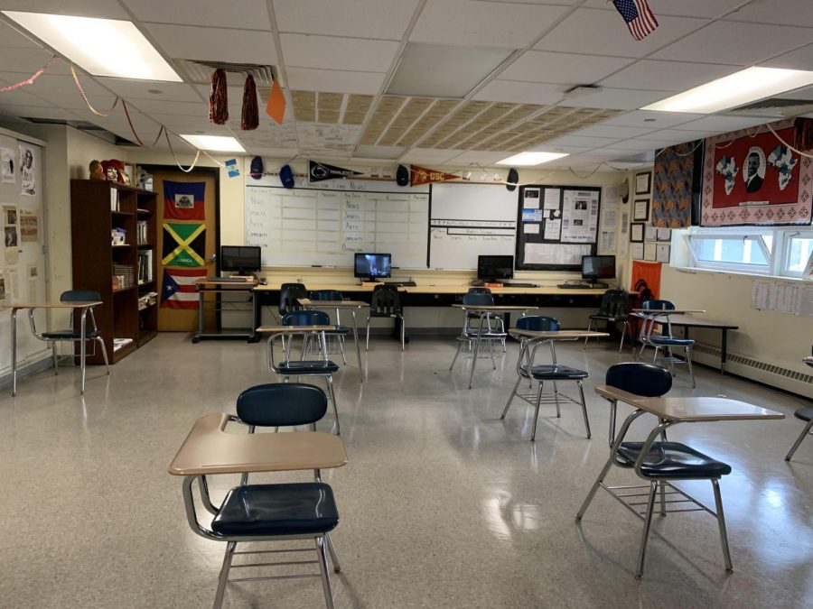Classroom seating spaced six feet apart is one of several precautions Stamford High School has enacted to combat the spread of COVID-19.