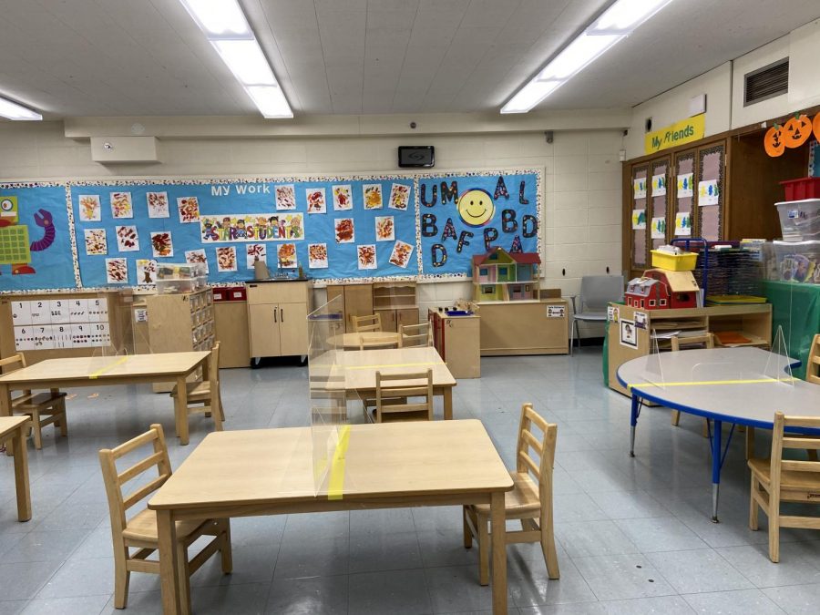 A classroom at Apples Preschool in Stamford, which has had to make accomodations in the wake of the pandemic.