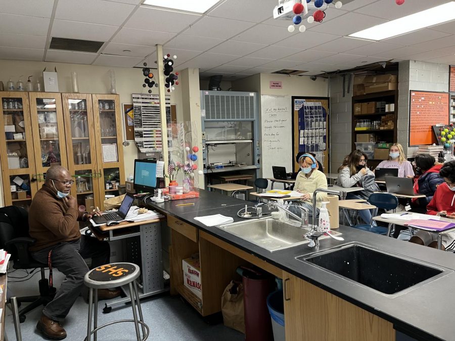 Stamford High Teacher Doug Taylor covering Donna Kaisers chemistry class Monday, November 4.
