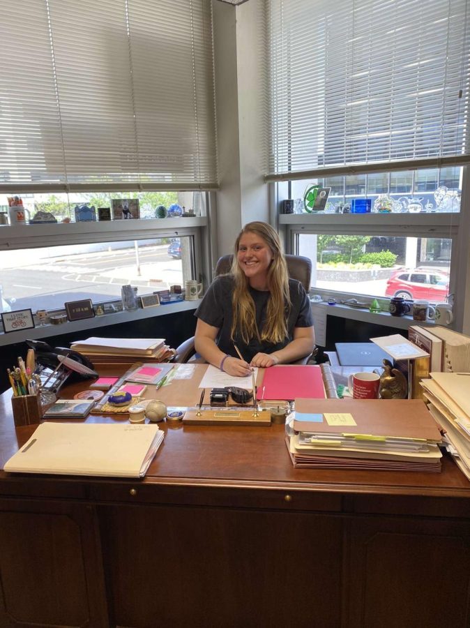 Senior Emmy Sigtryggsson interns at dan mccabes law office on summer street. does general office clerical work (filing, mail, biking, etc.), interacts with clients, drafts and revises documents and communications.