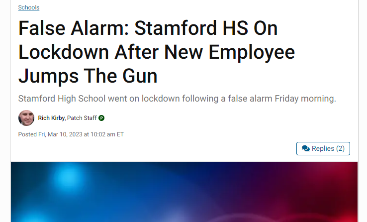 A Patch News headline about the lockdown seems to blame the employee for acting with caution.
