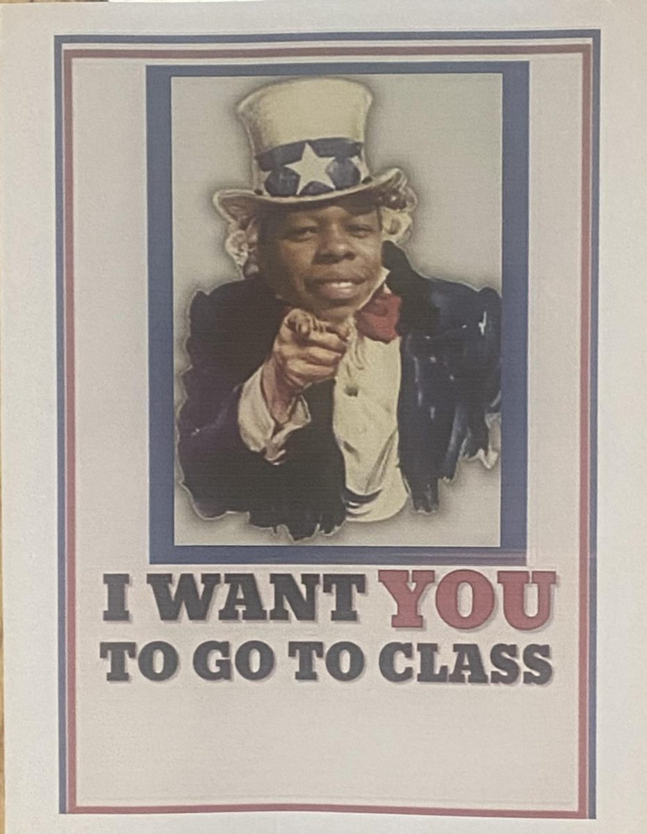 Humorous post on the door of the Dean of Students depicts the need for students to go to class