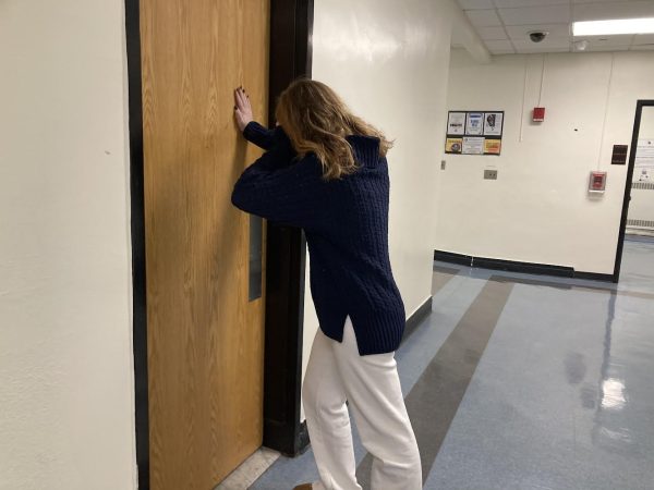 Senior Caroline Fay stands distraught at encountering yet another locked bathroom.